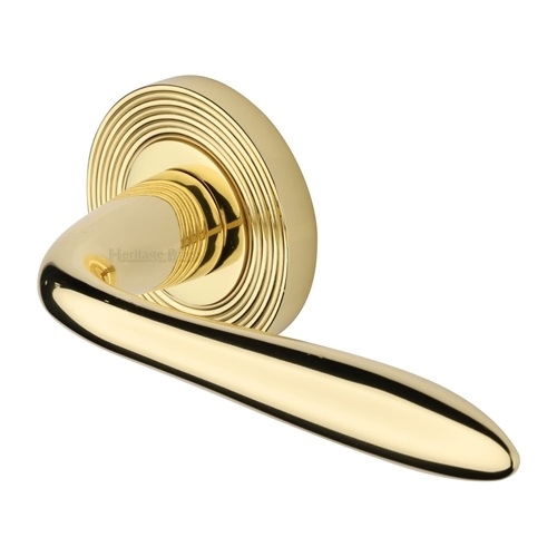 Heritage Brass Door Handle Lever Latch On Round Rose Sutton Reeded Design Polished Brass Finish 3937