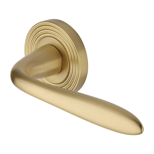 Heritage Brass Door Handle Lever Latch On Round Rose Sutton Reeded Design Satin Brass Finish 6854