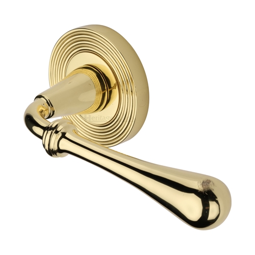 Heritage Brass Door Handle Lever Latch On Round Rose Roma Reeded Design Polished Brass Finish 3709