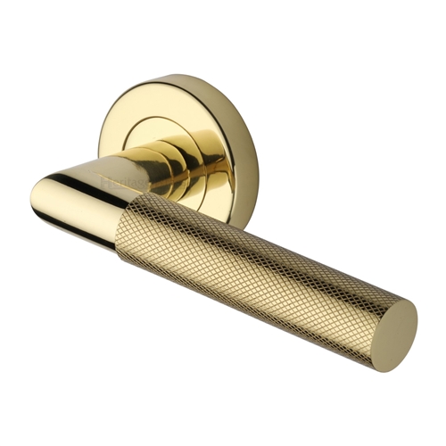 Heritage Brass Door Handle Lever Latch On Round Rose Bauhaus Mitre Knurled Design Polished Brass 7433