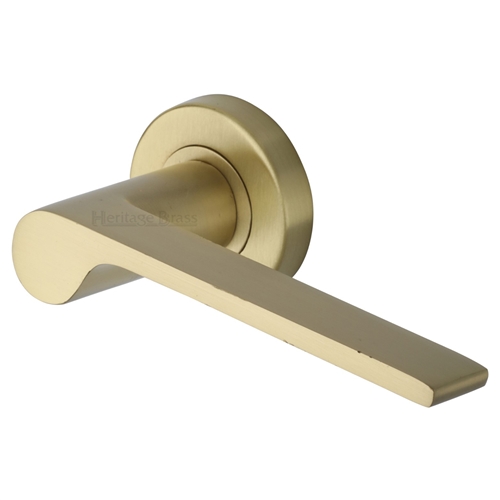 Heritage Brass Door Handle Lever Latch On Round Rose Julia Design Satin Brass Finish 9192