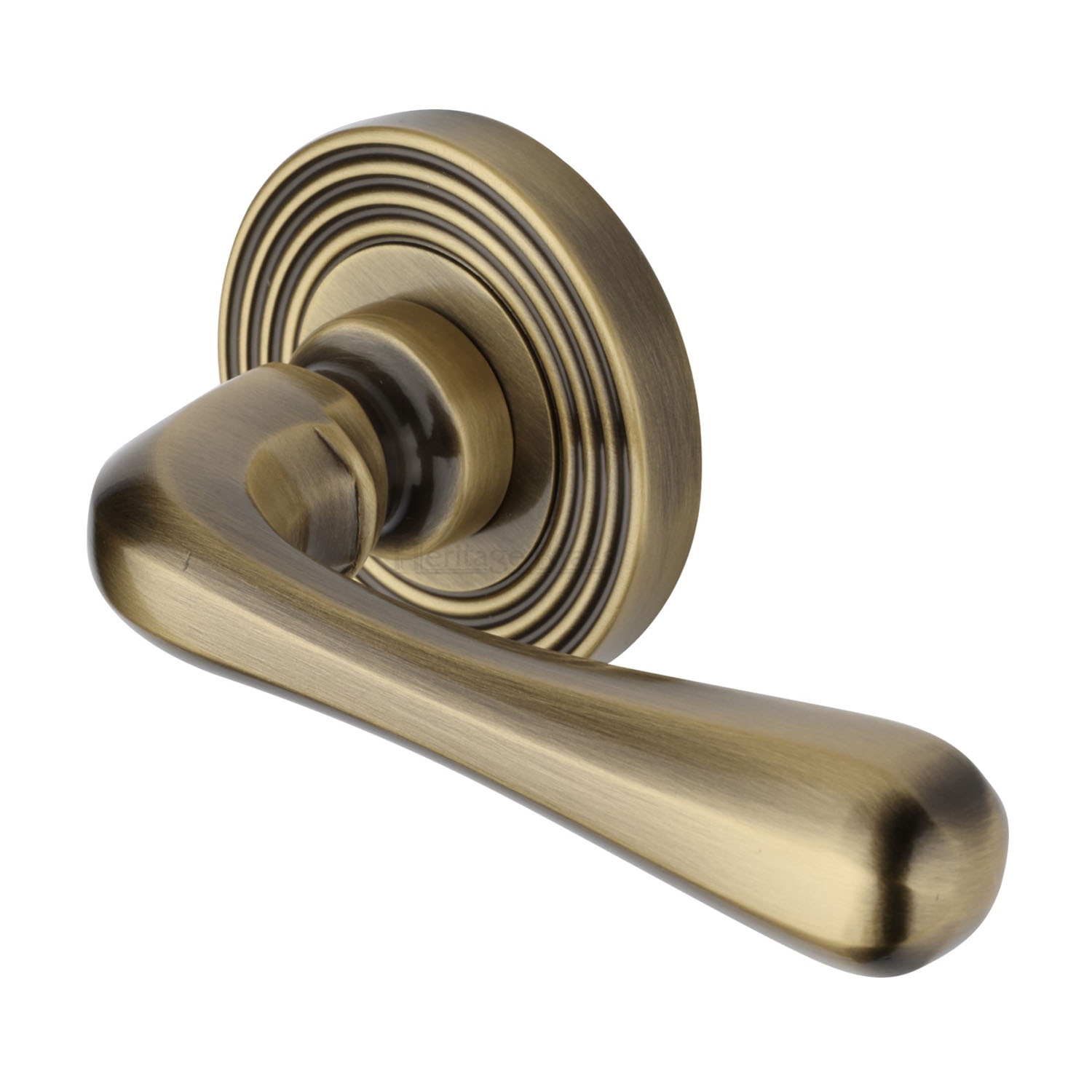 Heritage Brass Door Handle Lever Latch On Round Rose Charlbury Reeded Design Antique Brass Finish 1809