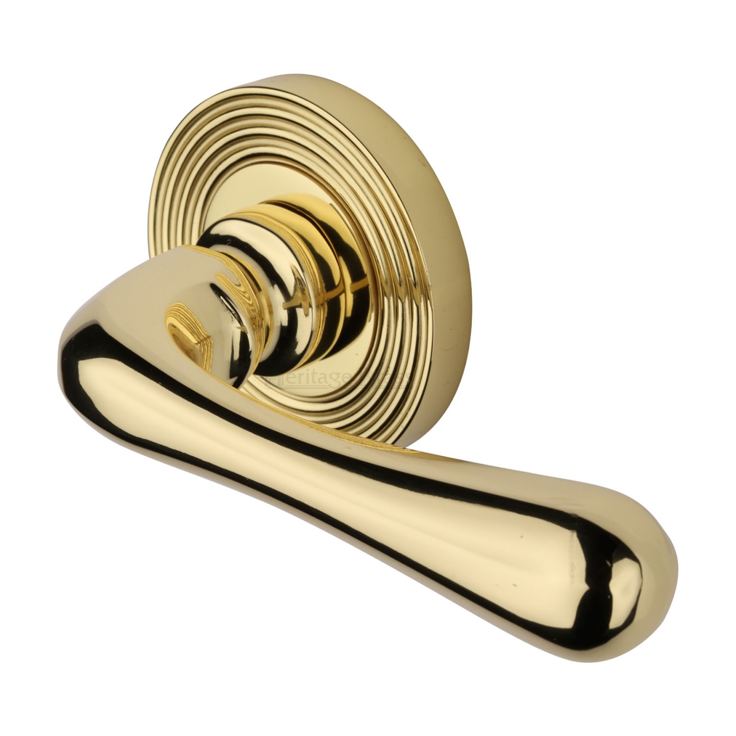 Heritage Brass Door Handle Lever Latch On Round Rose Charlbury Reeded Design Polished Brass Finish 6604