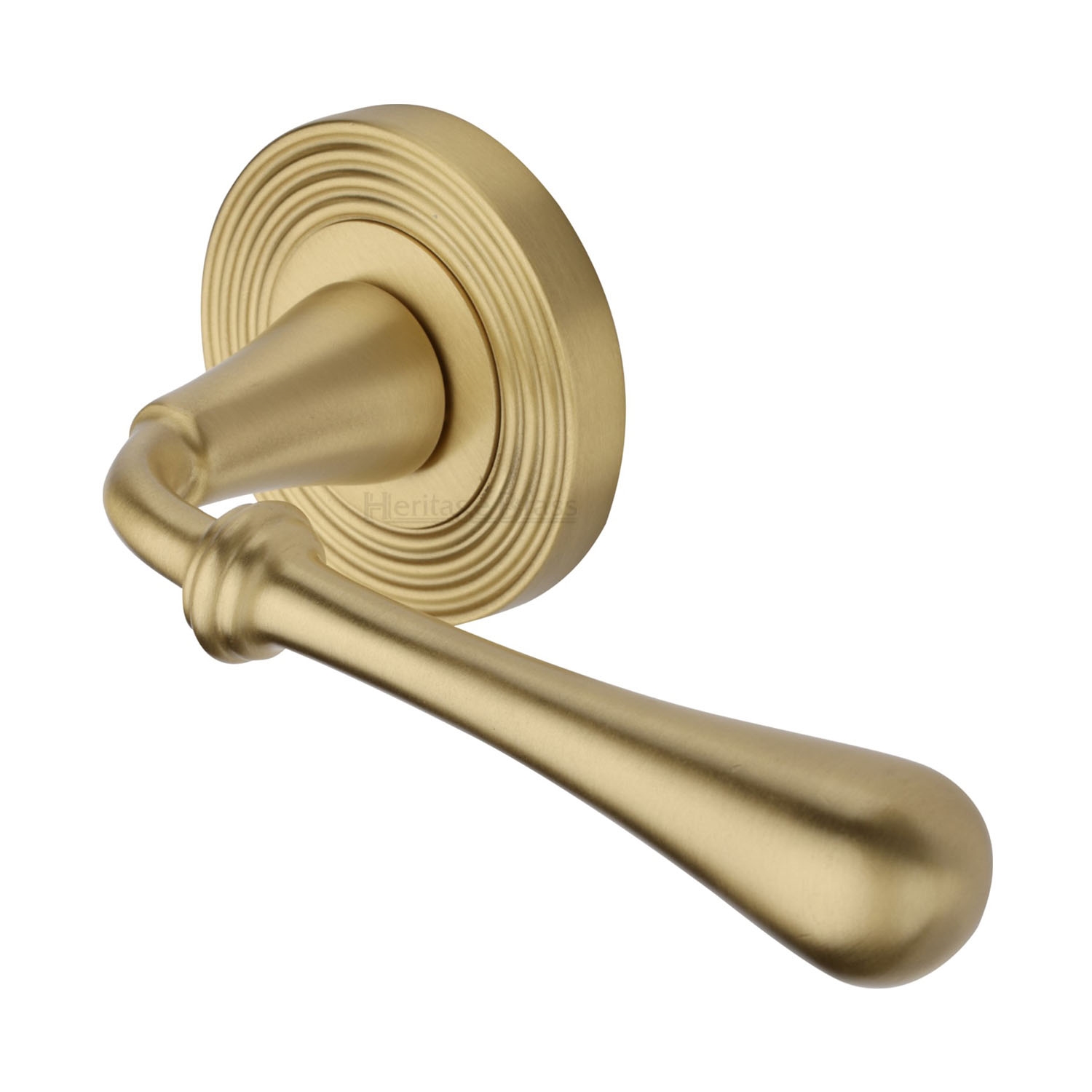 Heritage Brass Door Handle Lever Latch On Round Rose Roma Reeded Design Satin Brass Finish 4976