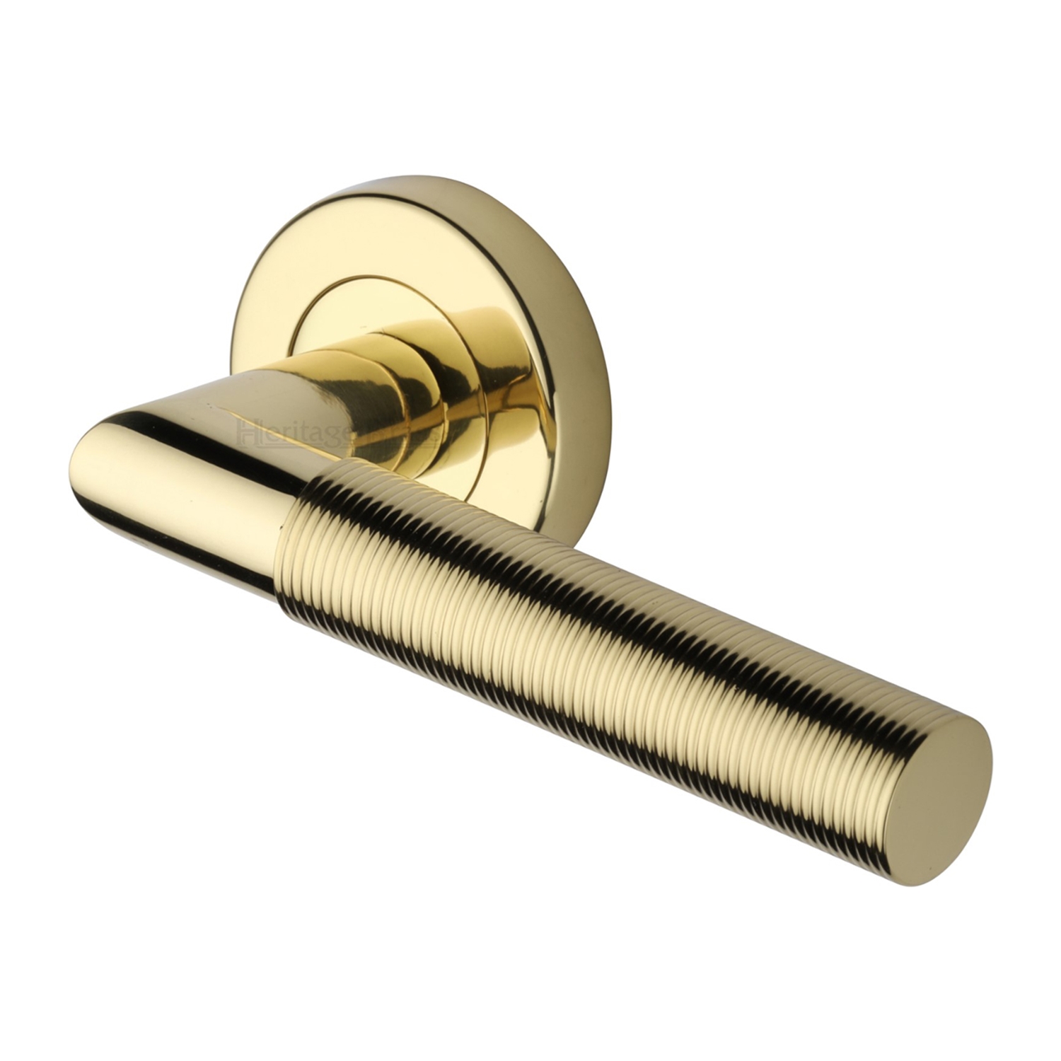 Heritage Brass Door Handle Lever Latch On Round Rose Bauhaus Mitre Reeded Design Polished Brass 6196