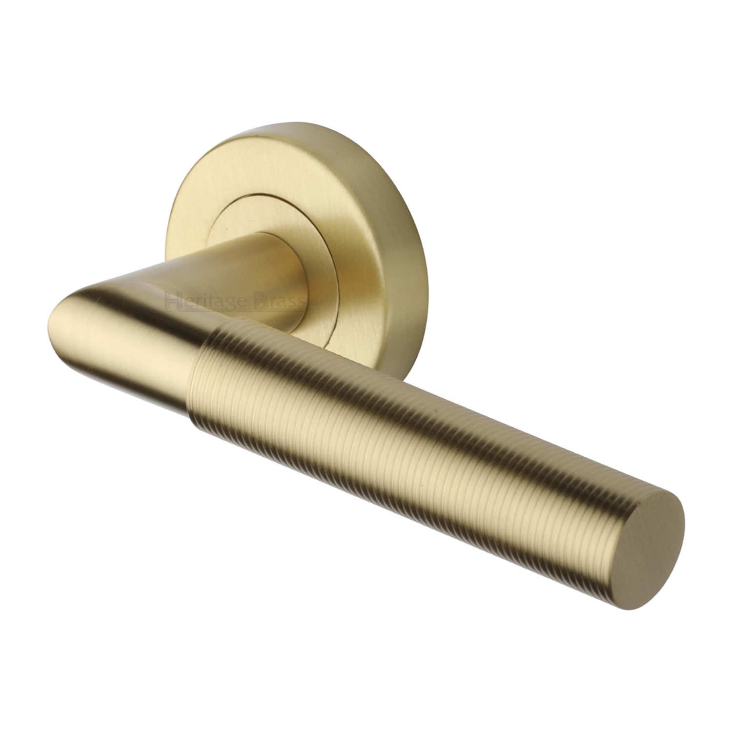 Heritage Brass Door Handle Lever Latch On Round Rose Bauhaus Mitre Reeded Design Satin Brass Finish 5376